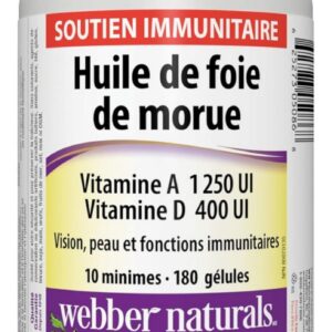 COMPLEMENT ALIMENTAIRE HUILE DE FOIE DE MORUE AVEC VITAMINE A ET D3, 180 GÉLULES